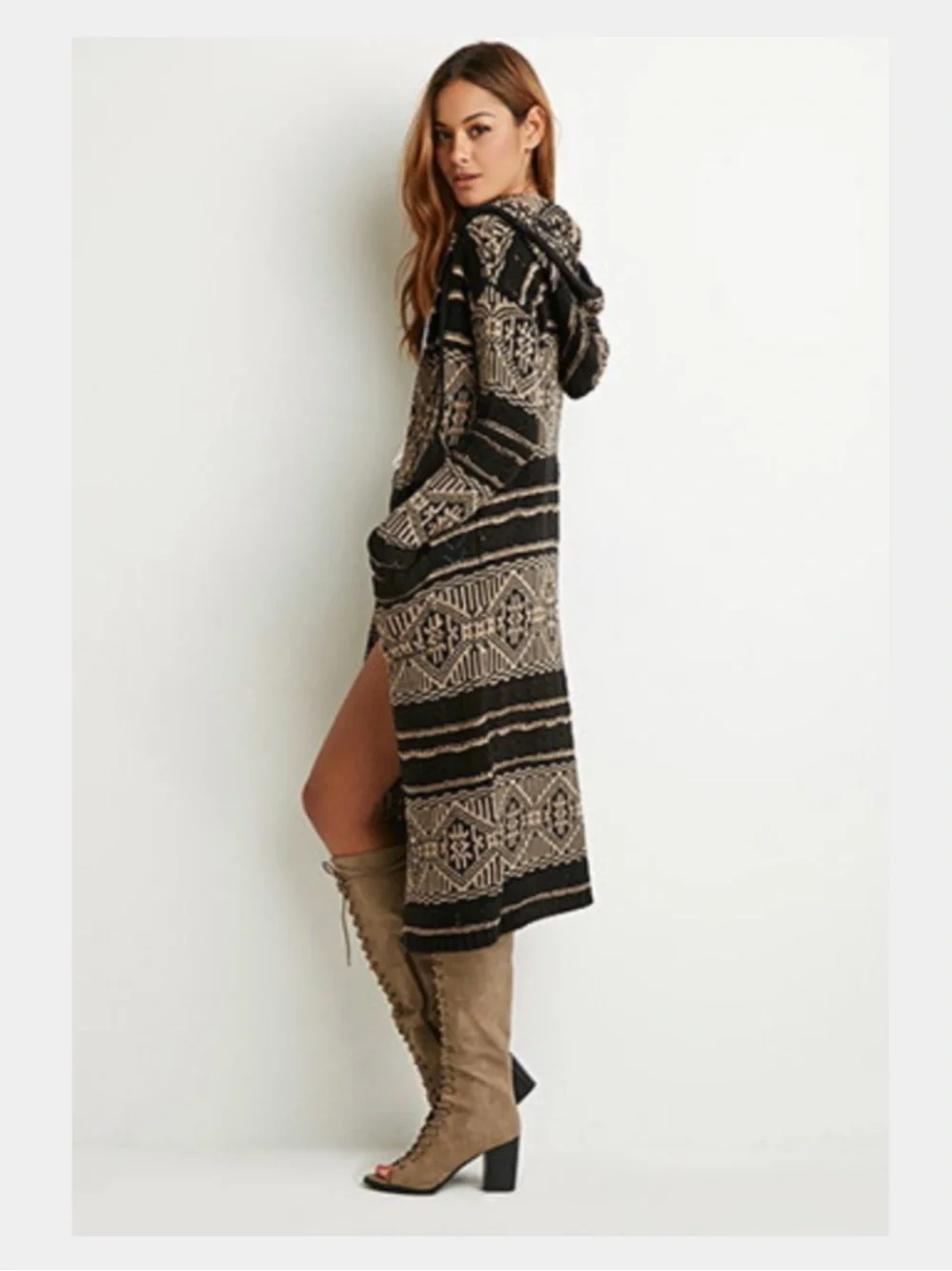 Hooded Aztec Knit Duster Cardigan